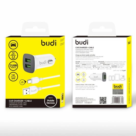 Budi CC631LW 2.4A 2USB Car Charger with USB-A to Lightning Combo