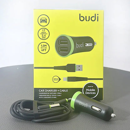 Budi CC061LB 3.4A 2USB Car Charger witht USB-A to Lightning combo