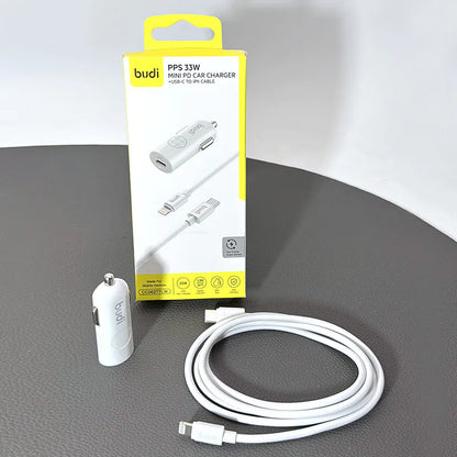 Budi CC062TTLW 33W USB C Mini car charger with Type-C to iPh combo