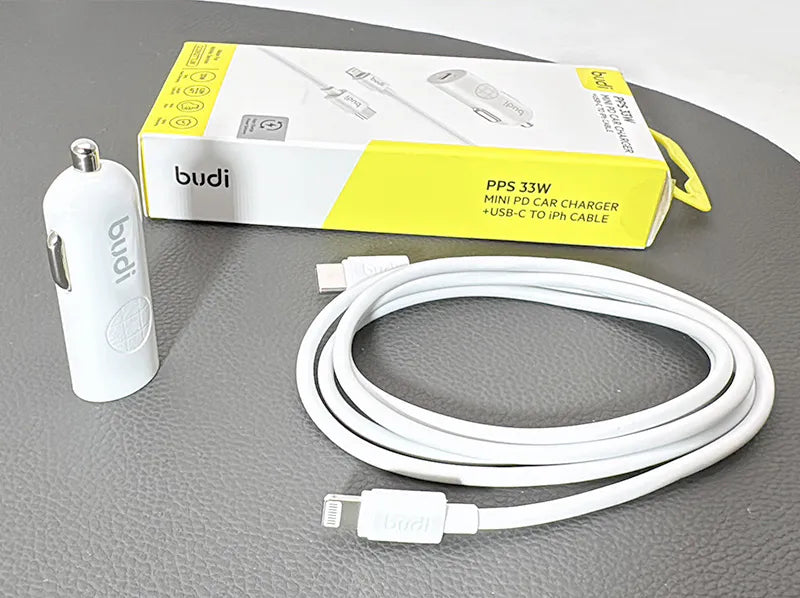 Budi CC062TTLW 33W USB C Mini car charger with Type-C to iPh combo