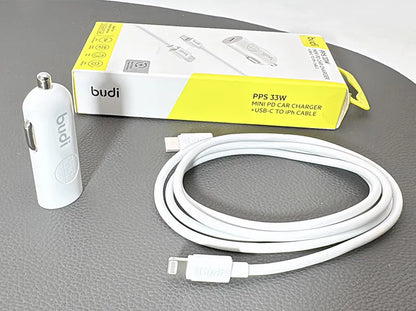 Budi CC062TTLW 33W USB C Mini car charger with Type-C to iPh combo