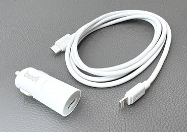 Budi CC062TTLW 33W USB C Mini car charger with Type-C to iPh combo