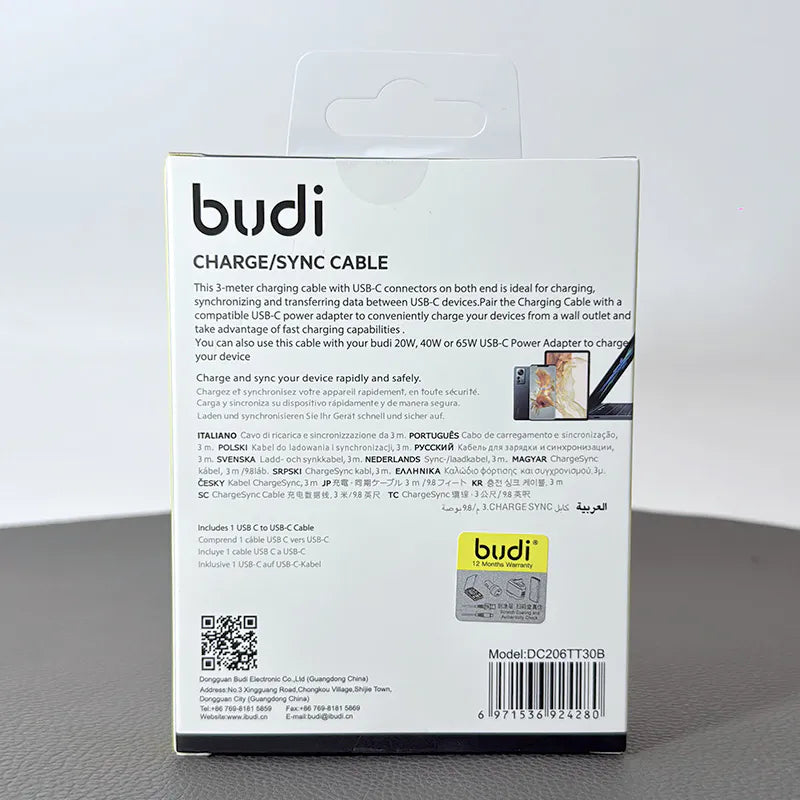 Budi DC206TT30B 3m 65W Type-C to C cable