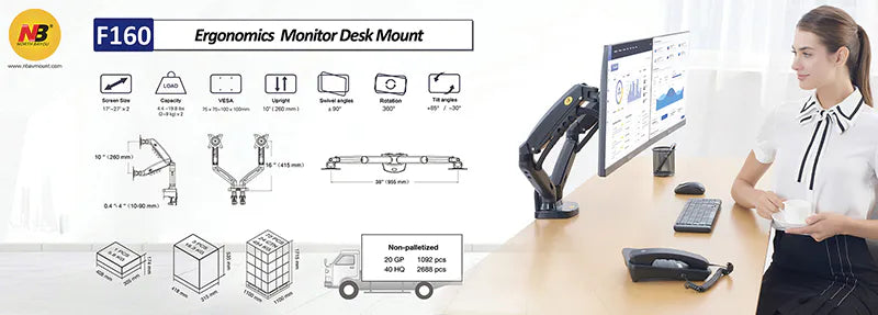Dual Monitor Desk Mount Adjustable Arms for 17-32 Screens F160