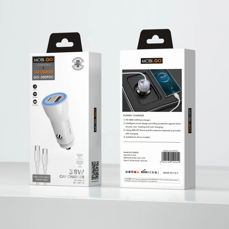 Mobigo GO200PDC 38W USB A+C car charger with Type-C to C combo