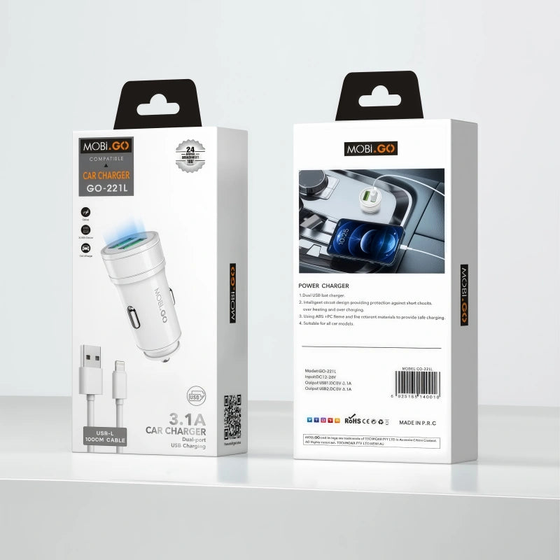 Mobigo GO221L 3.1A 2USB Car Charger with USB-A to Lightning Combo