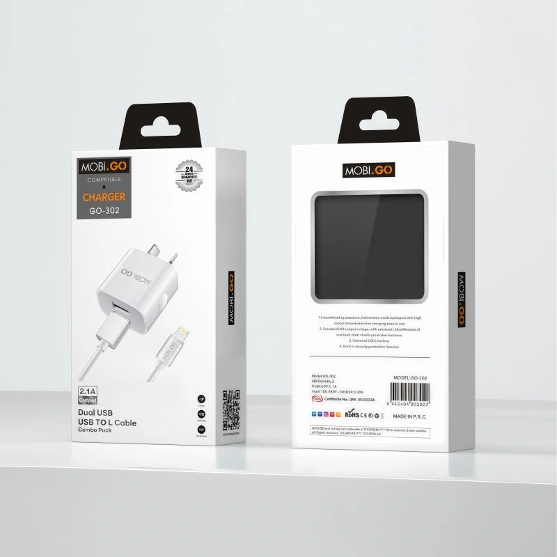 Mobigo GO302 2.1A wall charger with USB-A to Lightning combo