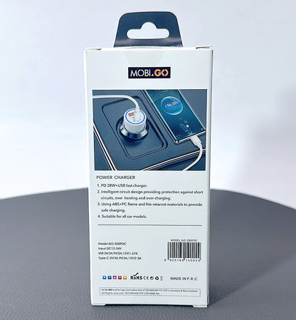 Mobigo GO200PDC 38W USB A+C car charger with Type-C to C combo