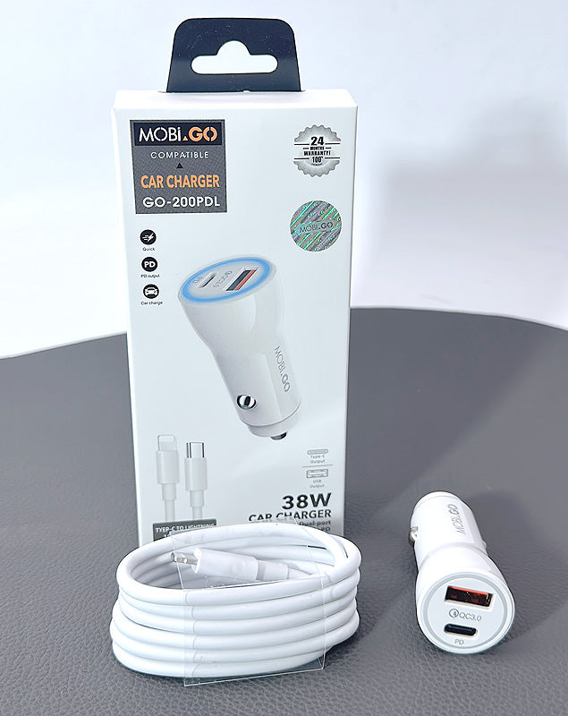 Mobigo GO200PDL 38W 2 UAB car charger with Type-C to Lightning combo