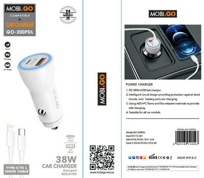 Mobigo GO200PDL 38W 2 UAB car charger with Type-C to Lightning combo