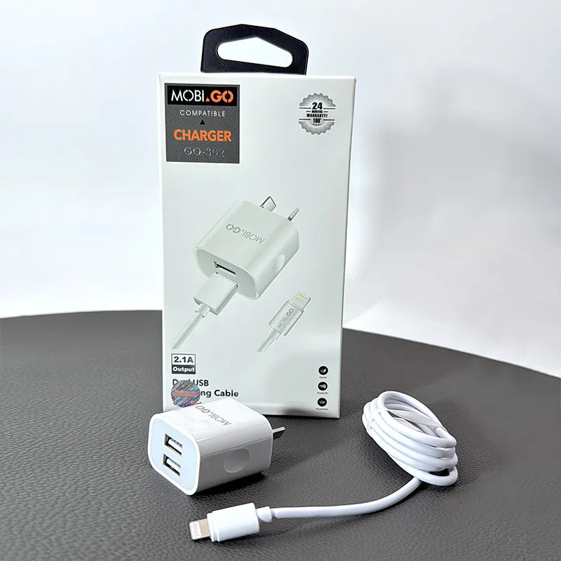 Mobigo GO302 2.1A wall charger with USB-A to Lightning combo