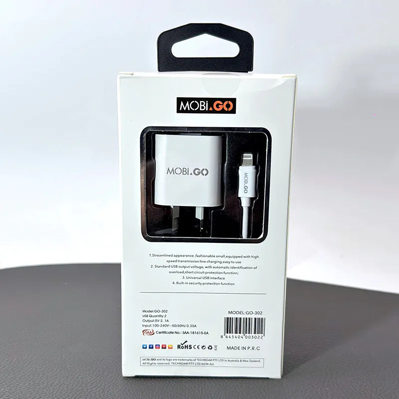Mobigo GO302 2.1A wall charger with USB-A to Lightning combo