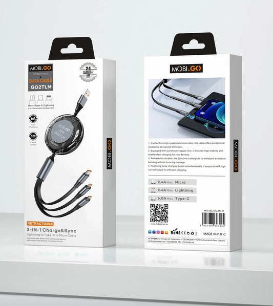 Mobigo GO2TLM 1m 6A 3 in 1 Retractable Charging Cable