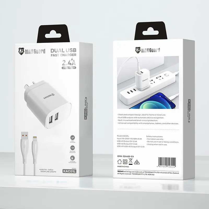 Maxguard KAC01L 2.4A wall charger with USB to L combo