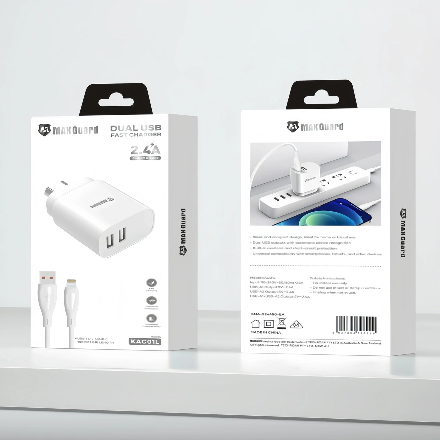 Maxguard KAC01L 2.4A wall charger with USB to L combo