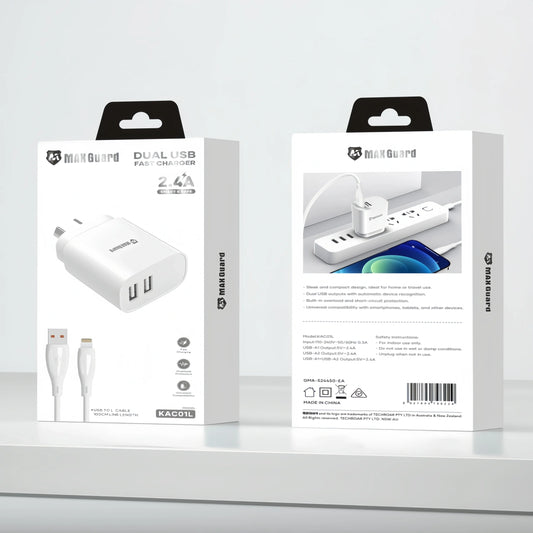Maxguard KAC01L 2.4A wall charger with USB to L combo