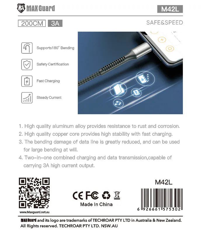 Maxguard M42L 2m USB-A to Lightning cable