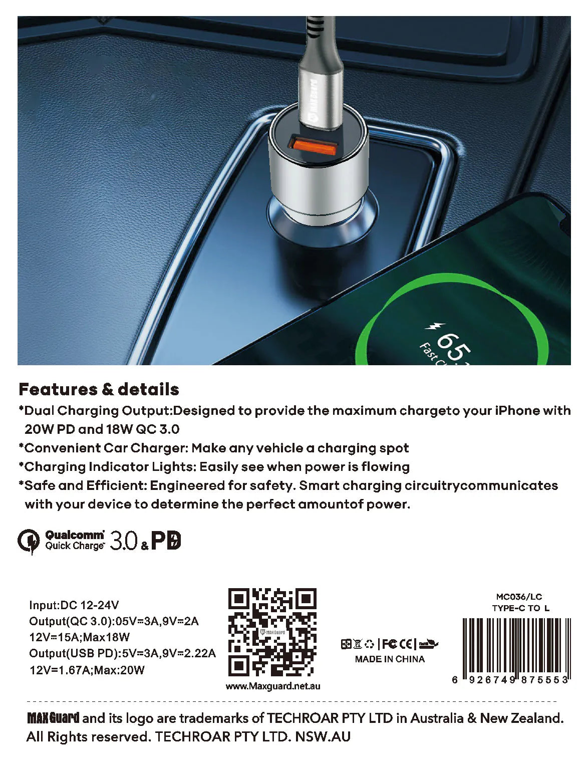 Maxguard MC036LC 38W USB A+C car charge with Type-C to Lightning combo