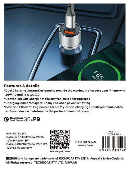 Maxguard MC036LC 38W USB A+C car charge with Type-C to Lightning combo