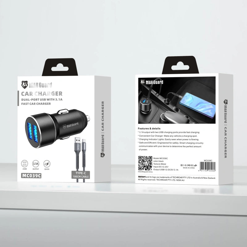 Maxguard MC039C 3.1A 2USB car charger with USB-A to C combo