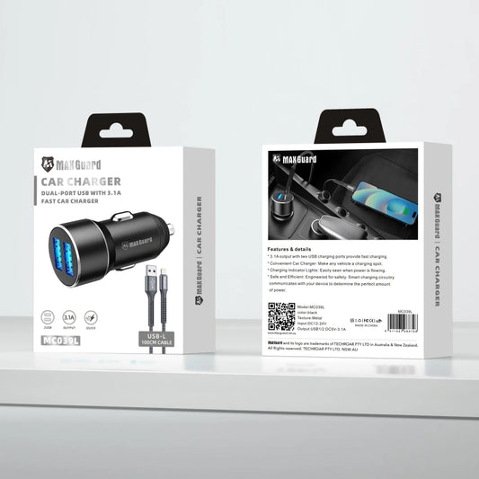 Maxguard MC039L 3.1A 2USB car charger with USB-A to Lightning combo