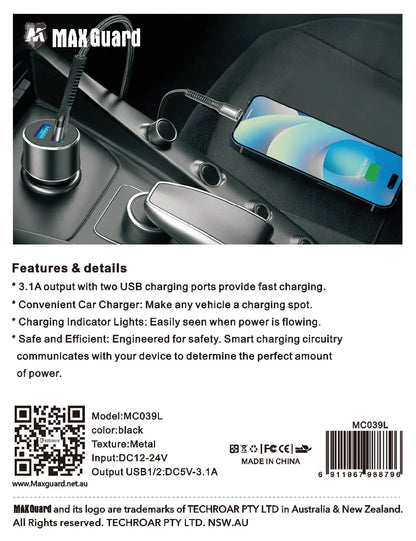 Maxguard MC039L 3.1A 2USB car charger with USB-A to Lightning combo