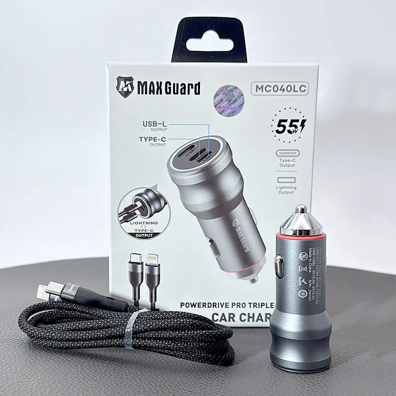Maxguard MC040LC 55W 2 USB C+C car charger with Type-C to Lightning combo