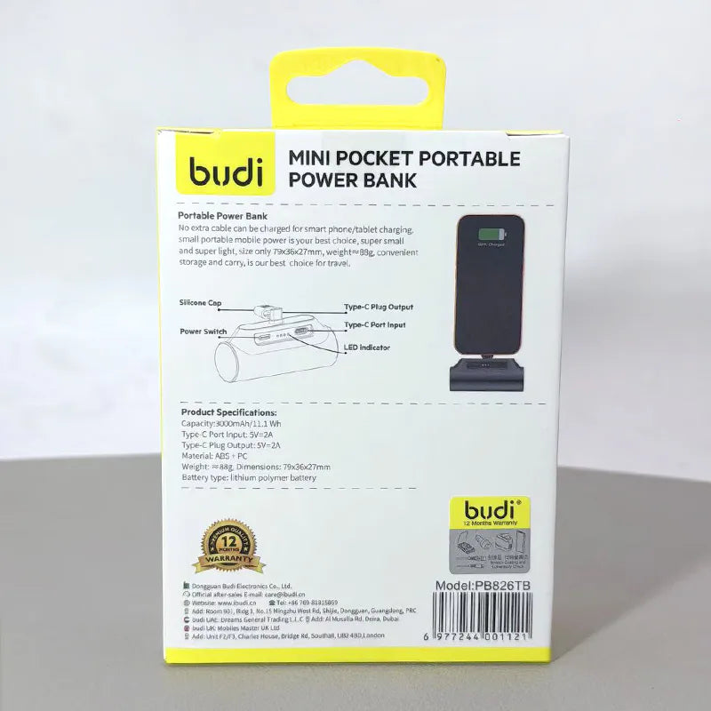 Budi PB826T 3000 mah Mini Pocket Portable Power Bank