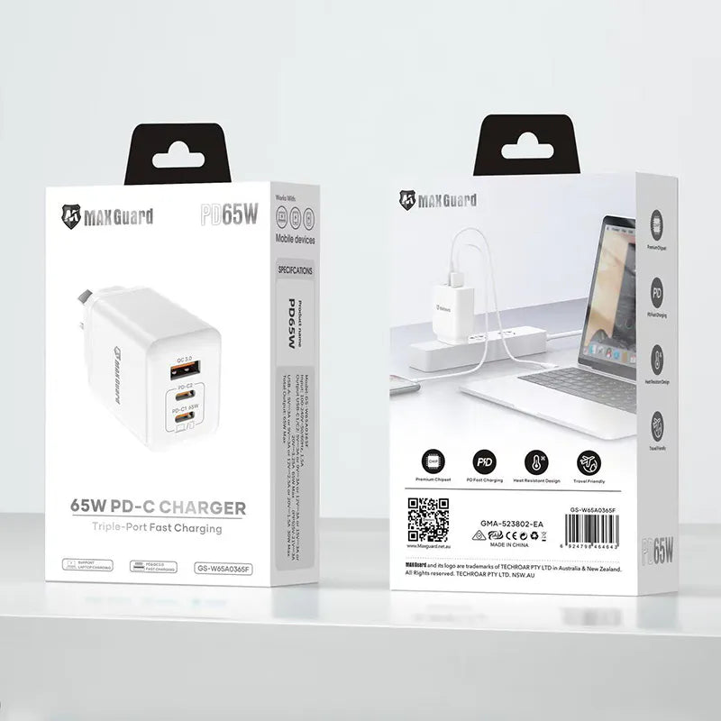 Maxguard W65A0365F 65W PD Wall Charger (Works for laptops, tablets, and phones)