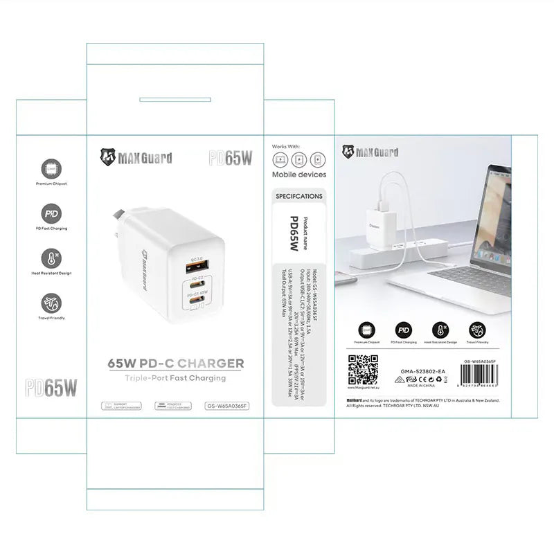 Maxguard W65A0365F 65W PD Wall Charger (Works for laptops, tablets, and phones)