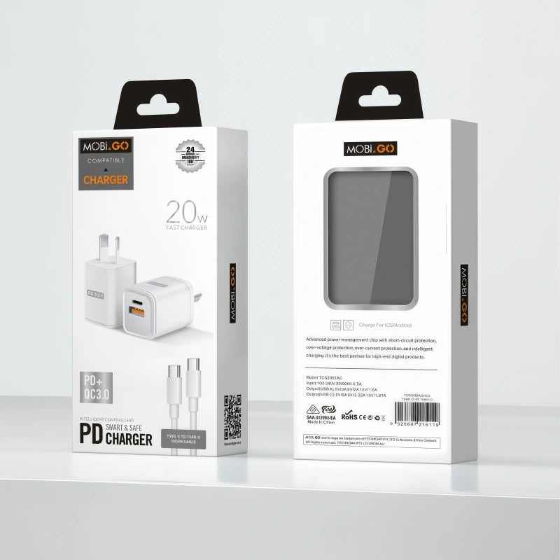 Mobigo TCS2081ACCC PD 20W wall charger with Type-C to C combo