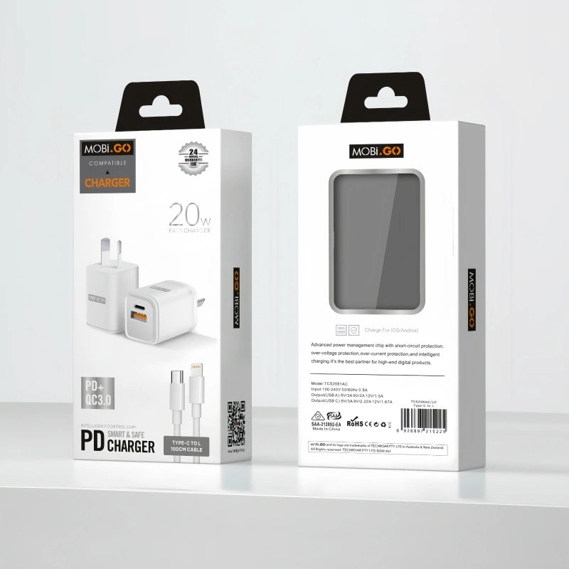 Mobigo TCS2081ACLC PD 20W wall charger with Type-C to Lightning combo
