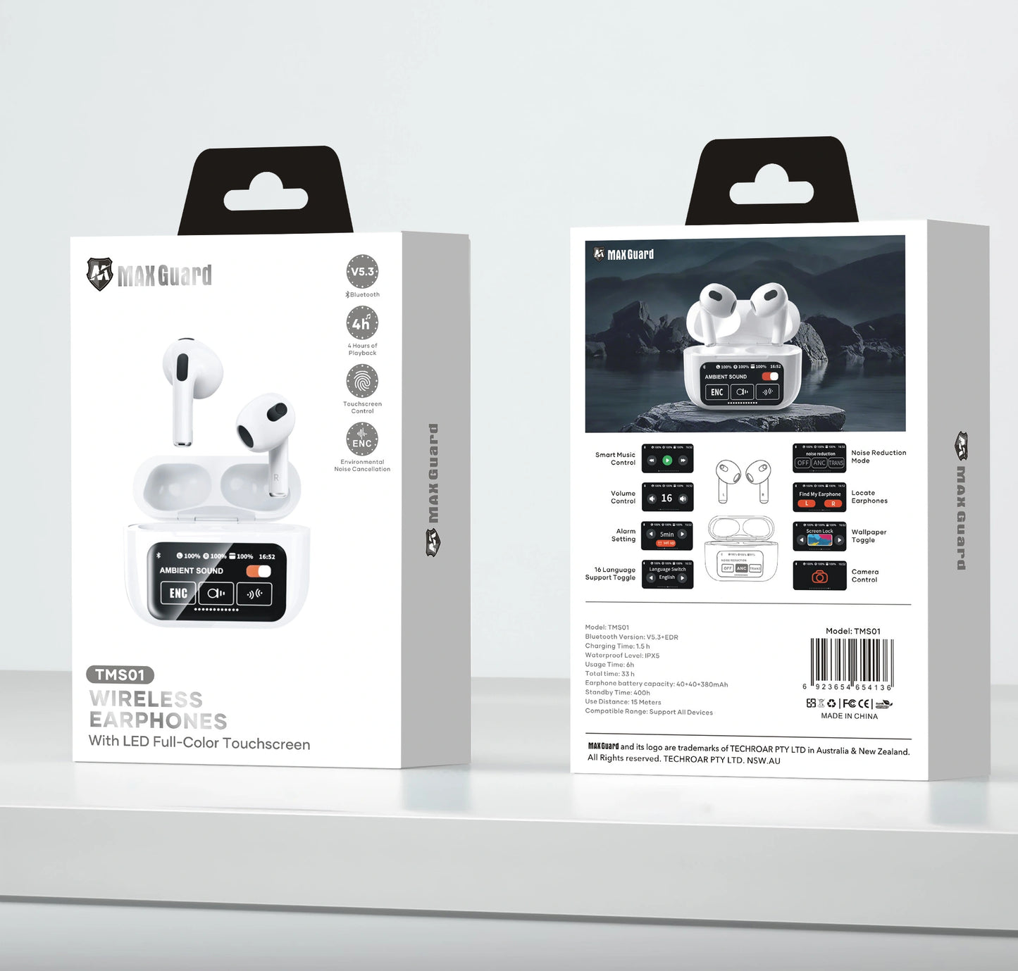 Maxguard TMS01 bluetooth earphone with LED Color Touchscreen