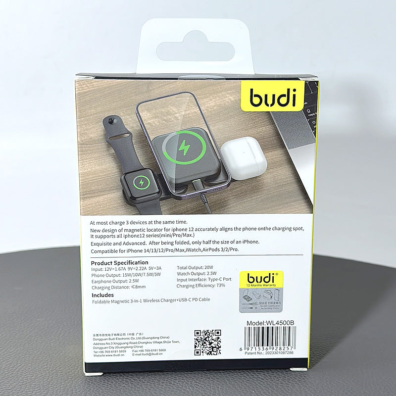 Budi WL4500B 3 in 1 MagFit Foldable Wireless Charger