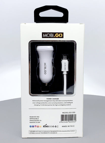 Mobigo GO203 3.1A 2USB Car Charger with USB-A to Micro Combo