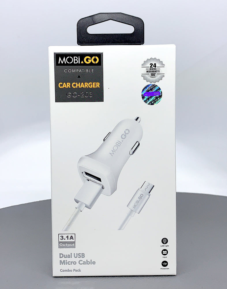 Mobigo GO203 3.1A 2USB Car Charger with USB-A to Micro Combo