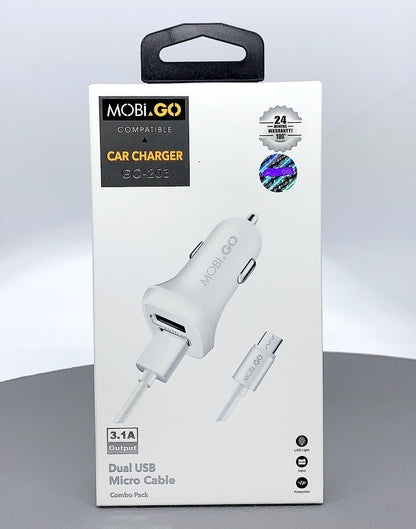 Mobigo GO203 3.1A 2USB Car Charger with USB-A to Micro Combo