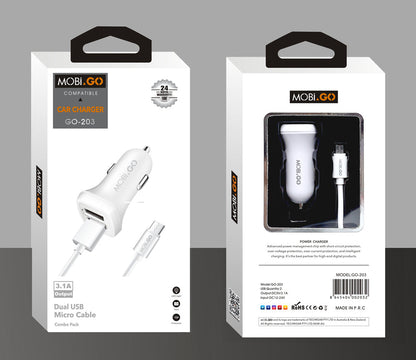 Mobigo GO203 3.1A 2USB Car Charger with USB-A to Micro Combo