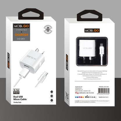 Mobigo GO303 2.1A wall charger with USB-A to micro combo