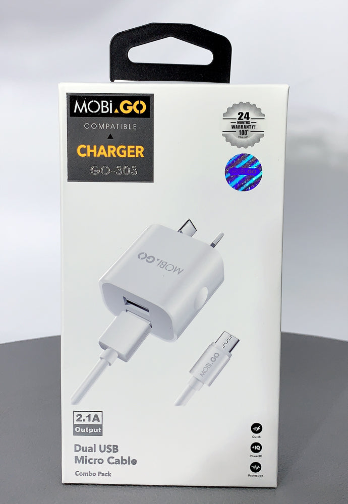 Mobigo GO303 2.1A wall charger with USB-A to micro combo