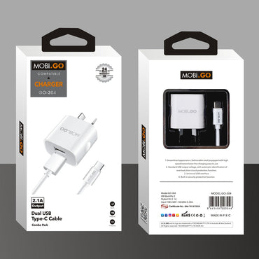 Mobigo GO304 2.1A wall charger with USB-A to C combo