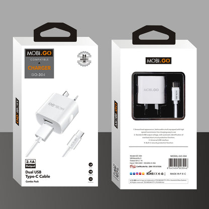 Mobigo GO304 2.1A wall charger with USB-A to C combo