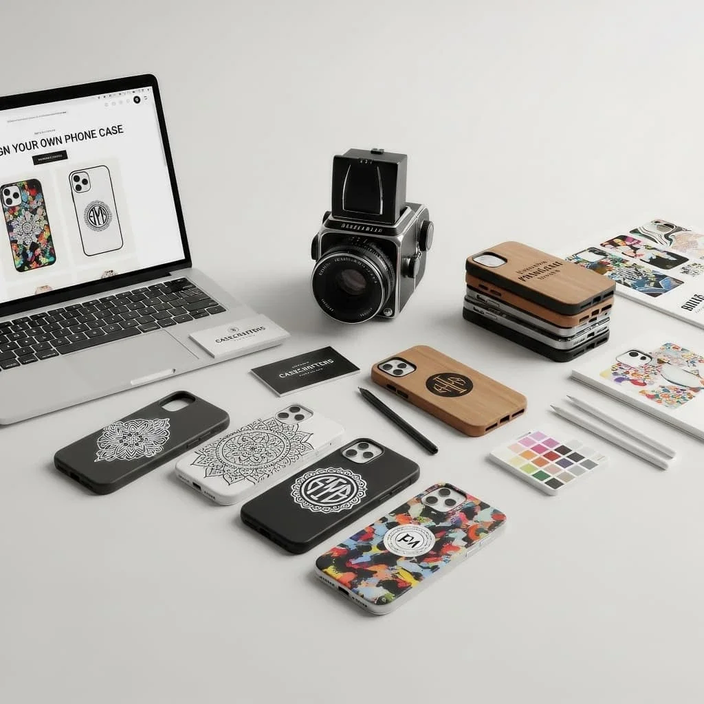 Flat lay of a creative workspace with phone case design sketches, laptop, and colour samples.
