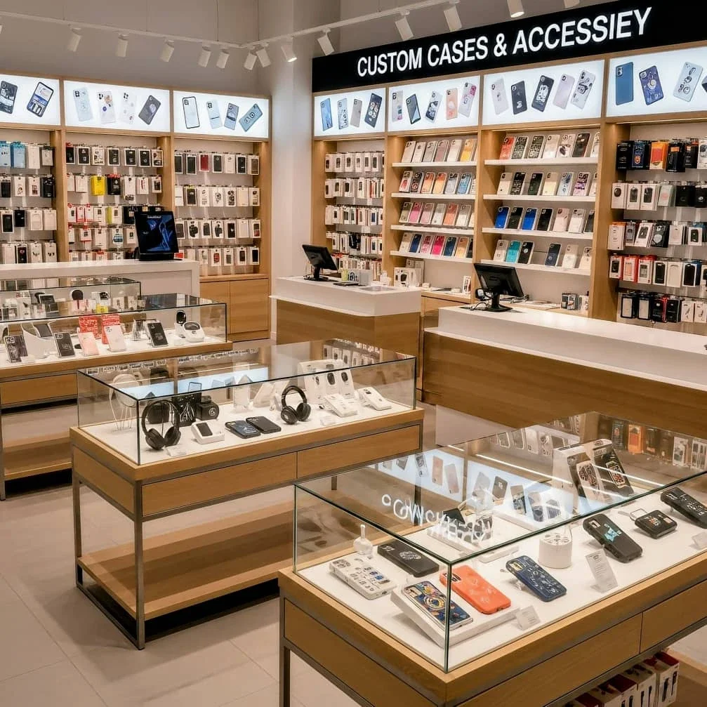 Modern retail display featuring custom phone cases and mobile accessories, showing diverse designs and brand presentation.