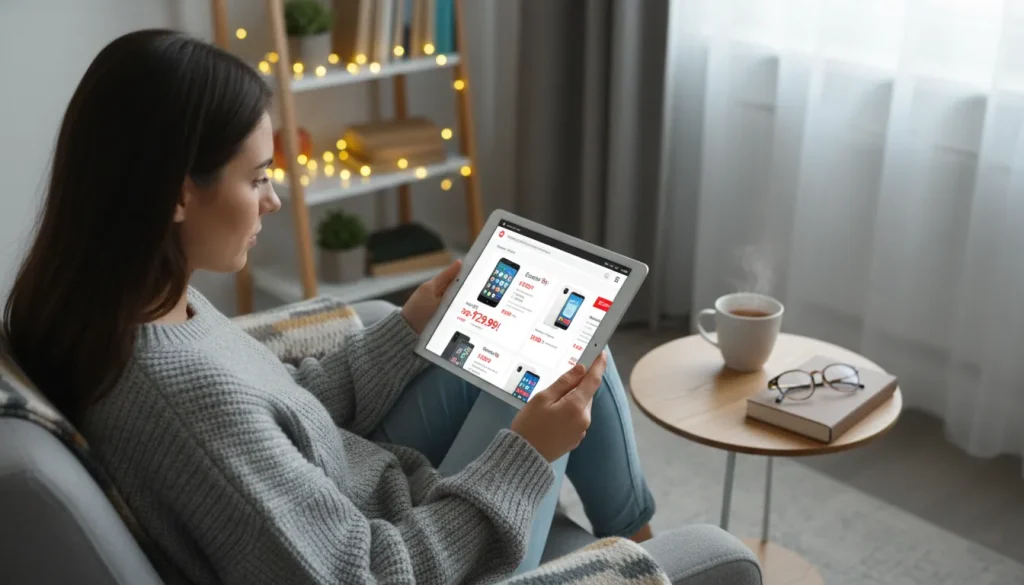 Woman browsing discounted cheap smartphones online at home.